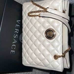 White Quilted Nappa Leather Medusa Tote Handbag with wallet